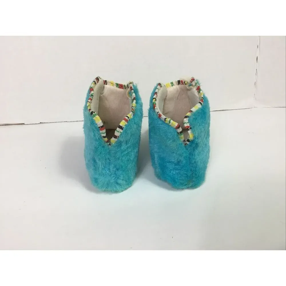 1960s Vintage Baby Booties Moccasin Size‎ 3 Fur animal Turquoise white Made USA